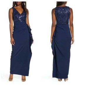 Vince Camuto Navy Sequin Bodice Laguna Crepe Gown